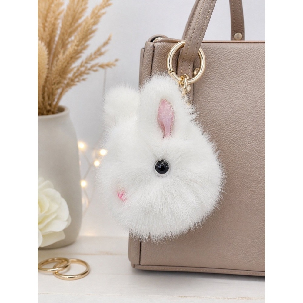 Fluffy White Bunny Keychain Faux Fur Pom Pom Cute Bag Charm Gift
